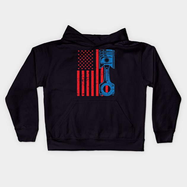 Patriotic American Flag Piston Muscle Car Vintage Distressed Kids Hoodie by hobrath